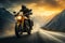 Mountain journey Motorcycle rider cruising through the hills at sunset