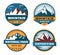 Mountain labels. Snowy rock tops, outdoor adventure emblems. Sport club or expedition badges. Wildlife hiking