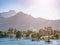 Mountain lake with blue water and a juniper tree