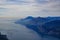 Mountain lake, breathtaking panorama, water and fog