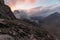 Mountain lake Czarny Staw in dramatic pink sunset clouds - polish Tatra mountains