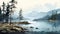 Mountain Lake: A Digital Painting Of Tranquil Fjord With Pine Trees