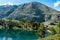 Mountain lake Estany de les Truites in Andorra Pyrenees, La Massana, refugi de coma pedrosa