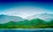 Mountain lake landscape colorful nature background. Blue mountain green hills landscape. Vector background