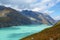 Mountain lake Mattmark  Stausee Mattmark in Saas Valley surrounded by glaciers next to Zermatt, Switzerland