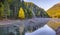 Mountain lake panorama with mountains reflection.