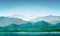 Mountain lake peaceful landscape, misty calm natural background. Blue mountain hills landscape. Vector illustration