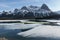 Mountain Lake Reservoir Ice Melting Water Surface Canadian Rocky Mountains Range Alberta Springtime