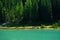 mountain lake Schlierersee, Lungau Austria in pine trees.Transparent green water of lake on blue sky background.