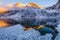 Mountain lake at sunrise. Clear ice covered lake in mountains.