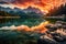 Mountain lake at sunset in Dolomites, Beautiful landscape, Impressive summer sunrise on Eibsee lake with Zugspitze mountain