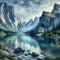 a mountain lake surrounded by towering peaks and rocky shores. Illustration, Generative Ai