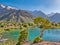 Mountain lake with turquoise water and a juniper tree in sunshine on a rocky mountain background. Fann Mountains,Tajikistan, Cent