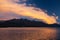 Mountain Lake, Twilight, Dramatic Orange Clouds