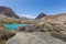 Mountain lake under the sunny day with blue sky along Karakorum Highway in Passu, Hunza district