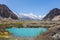 Mountain lake under the sunny day with blue sky along Karakorum Highway in Passu, Hunza district