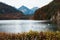 Mountain lake with white swans in the evening