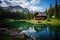 Mountain lake with wooden house and reflection in the water, Alberta, Canada, Emerald Lake In Crested Butte, Colorado, AI