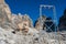 Mountain landscape and alpine hut Angelo Alimonta in Dolomites Alps