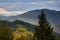 Mountain landscape, autumn sunny morning. Carpathian Mountains, Mizhhiria, Ukraine