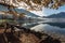 Mountain landscape, bench by the lake