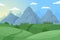 Mountain landscape. Cartoon green hills, rocks and snowy peaks on horizon. Vector illustration