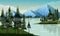 Mountain landscape. Cartoon nature scene panorama with fir forest, lake and meadows. Grass glades.