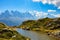 Mountain landscape in Chamonix. Hiking holidays with a breathtaking view of the Mont Blanc massif. Flowers mountain lake