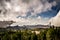 Mountain landscape in the clouds of Gran Canaria with a view of Roque Nublo and Tenerife in the background. Canary Islands