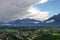 Mountain landscape with cloudy sky from tower of medieval Hohensalzburg Castle (Festung Hohensalzburg). Salzburger Land, Austria.