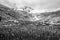 Mountain landscape with cottongrass meadow and glacier