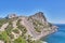 Mountain landscape, Crimean peninsula. People walk along the tourist route Golitsyn Trail. Botanical reserve New World