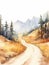 Mountain landscape. Digital watercolor painting. Mountain road and forest. Generative AI