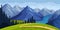 Mountain Landscape with Distant Peaks and Green Hill with Winding Path Vector Illustration