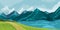 Mountain Landscape with Distant Peaks and Green Hill with Winding Path Vector Illustration