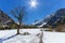 Mountain landscape in early springtime with clear blue sky and sunshine Austria, Tyrol, Karwendel Alpine Park, near Gramai