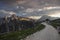 Mountain landscape in the European Dolomite Alps underneath the Three Peaks with chapel and footpath during sunset, South Tyrol