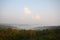 Mountain landscape in the fog. house in the mountains. The old spooky house on the land of nowhere. Wooden house in the middle of