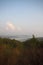 Mountain landscape in the fog. house in the mountains. The old spooky house on the land of nowhere. Wooden house in the middle of