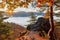 Mountain landscape with foggy valley during autumn morning