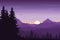 Mountain landscape with forest under a purple morning sky with r