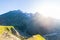 Mountain landscape of the french Alps, Massif des Ecrins. Scenic alpine landscape at high altitude with glacier, green meadows and