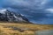 Mountain landscape with gloomy clouds, Field gold