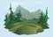 Mountain landscape. Green meadow, forest and mountain peaks in the distance. Isolated vector illustration.