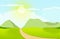 Mountain landscape green view illustration of a summer landscape with fields and green hills and The sun sky clound background.