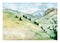 A mountain landscape: high hills with meadow and fir trees, watercolor hand painted illustration