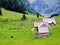 mountain, landscape, house, alps, mountains, nature, sky, switzerland, grass, green, valley, summer, meadow, village, alpine, hut,