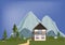 Mountain landscape with house and trees. Summer country background. Vector illustration. Wilderness life
