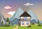 Mountain landscape with house and trees. Summer morning or evening background. Vector illustration.