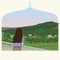 Mountain landscape illustration muslim tourism postcard